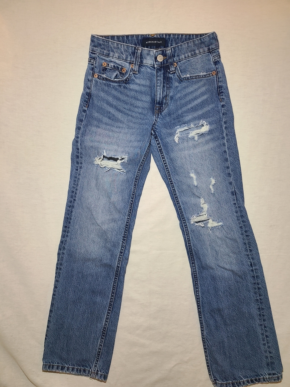 Aeropostale Women's Ripped Straight-Leg Jeans in Medium Blue Denim Size 000
